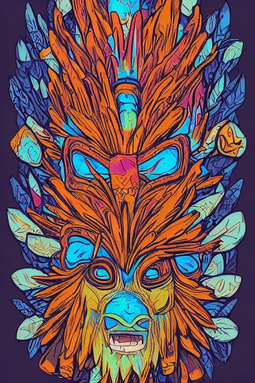 Image similar to animal mask totem roots flower tribal feather gemstone plant wood rock shaman vodoo video game vector cutout illustration vivid multicolor borderlands comics by josan gonzales and dan mumford radiating a glowing aura