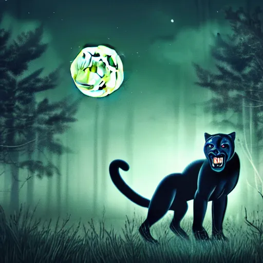 Image similar to a panther roaring at the moon in a forest during the night, large moon in the center. high quality. artistic. illustration. 4 k. cinematic. photoreal. highly detailed. dramatic. dark colors. night.