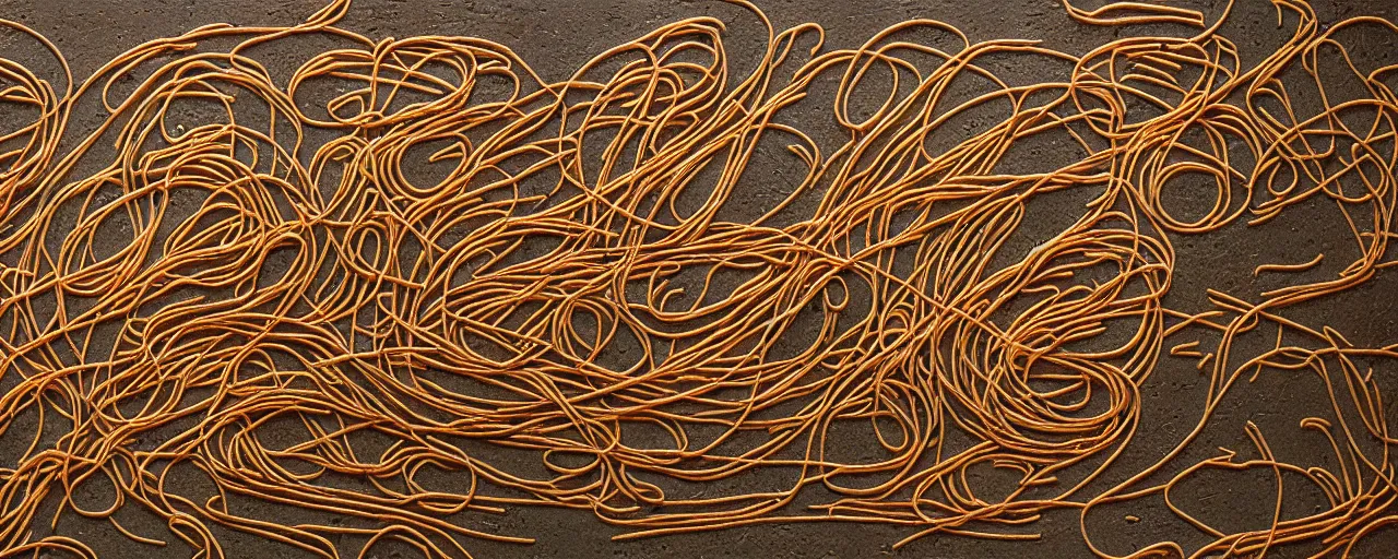 Image similar to spaghetti hieroglyphics, ancient egyptian, hyper - realistic, small details, intricate, canon 5 0 mm, wes anderson film, kodachrome