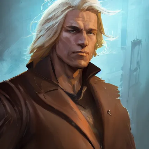 Image similar to portrait of a muscular, grim, ponytail haired blonde man in his late 30's, wearing a thick brown leather coat, looking to his side, hunter, DnD character, fantasy character, digital art by Ruan Jia, Krenz Cushart, Rossdraws and Boris Vallejo