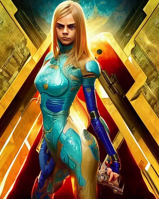 Image similar to Symmetric movie poster of Cara delevingne as Samus Aran , Epic Fantasy cover art, ultra wide lens shot,cinematic lighting, beautiful,art by Artgerm and Greg Rutkowski and Alphonse Mucha