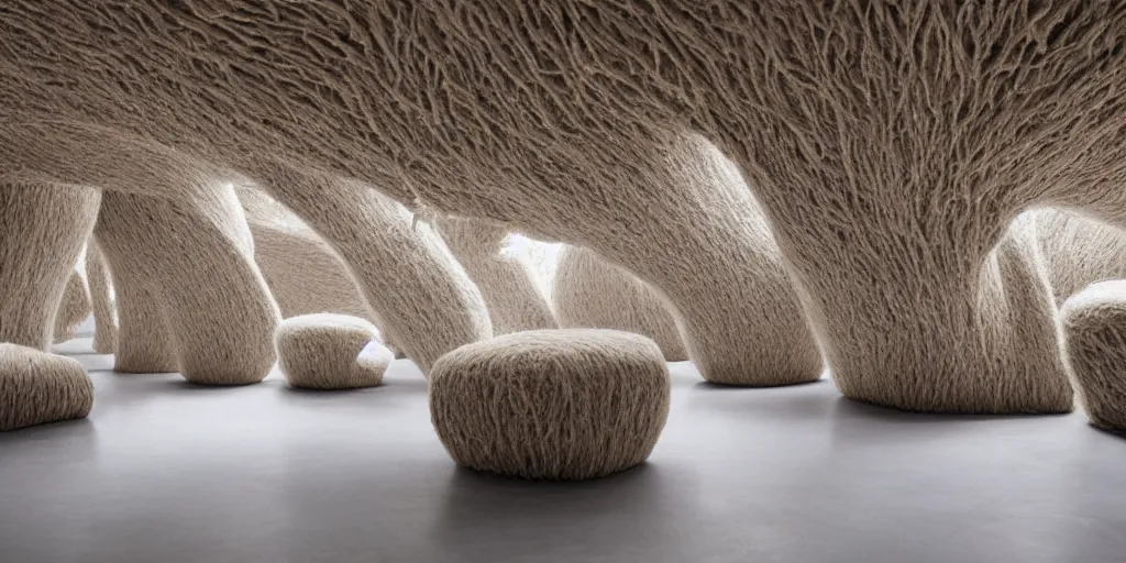 Image similar to futuristic interior organic design by Ernesto Neto composed all covered with wool and hair, the chairs, tables, and walls all seem to meld together into a color-shifting with covered with wool and hair, hair ground surface, maximum natural texture, soft smooth surfaces, beige light colors monochromatic, warm illumination, cinematic alien futuristic atmosphere, in low fog, magical digital, 8k resolution, golden ratio, best color graded, vray beautiful, ambient occlusion, subsurface scatter, radiosity, hyper-realistic render