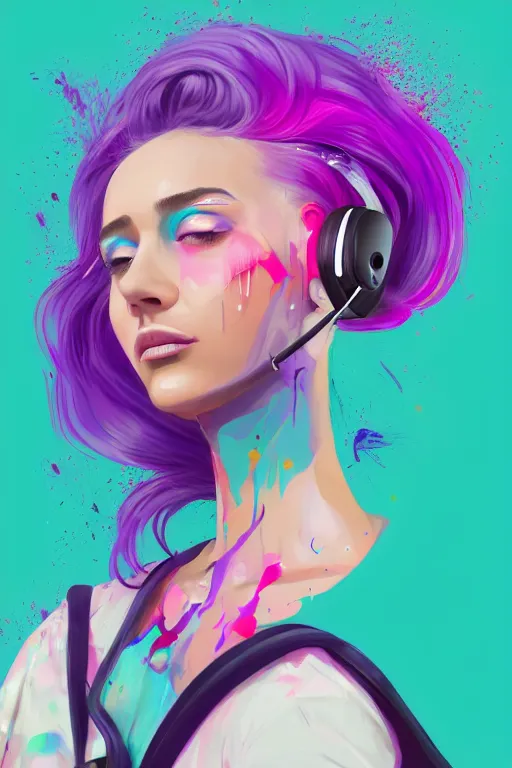 Image similar to a award winning half body portrait of a beautiful woman in a croptop and cargo pants with ombre purple pink teal hairstyle with head in motion and hair flying listenin to music on headphones by wlop, paint splashes and splatter, outrun, vaporware, shaded flat illustration, digital art, trending on artstation, highly detailed, fine detail, intricate