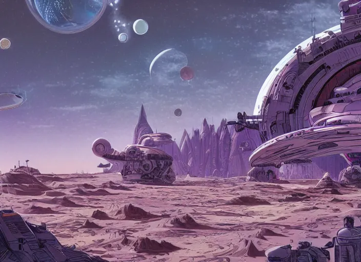 Prompt: close up view of a bustling space port on an alien planet by jeff darrow and moebius, earth and pastel colors, dramatic perspective, detailed, realistic, masterpiece, 4 k, 8 k