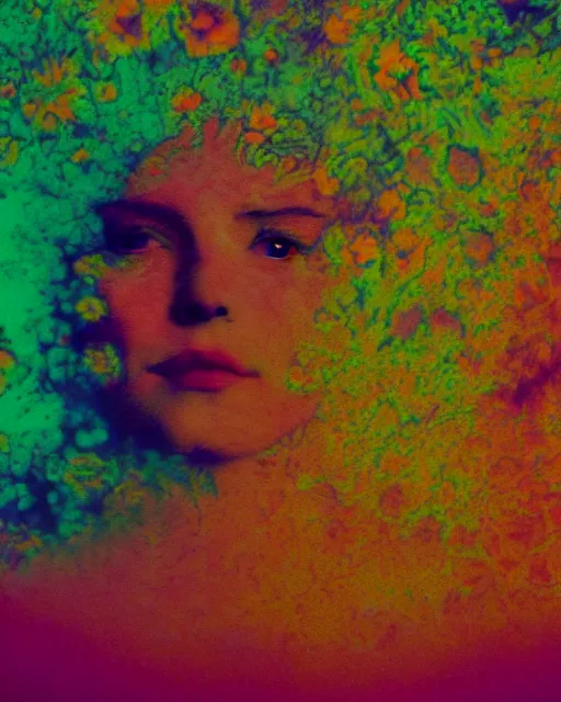 Prompt: oversaturated, burned, light leak, expired film, photo of a woman's serene face submerged in a flowery milkbath, rippling liquid, vintage glow, sun rays, psychedelic, glitched pattern