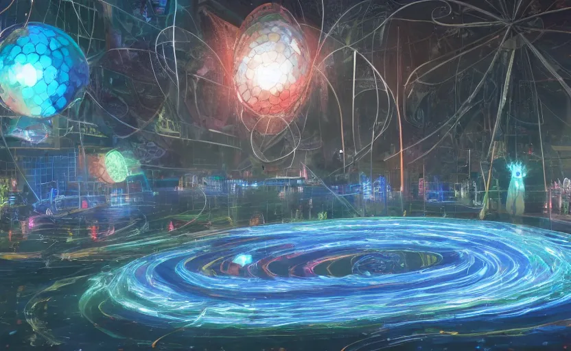 Prompt: pepople and a spiral - shaped white luminous attractor is floating on the ground in soviet city, concept art, art for the game, professional lighting, art painted by jehronym bosch