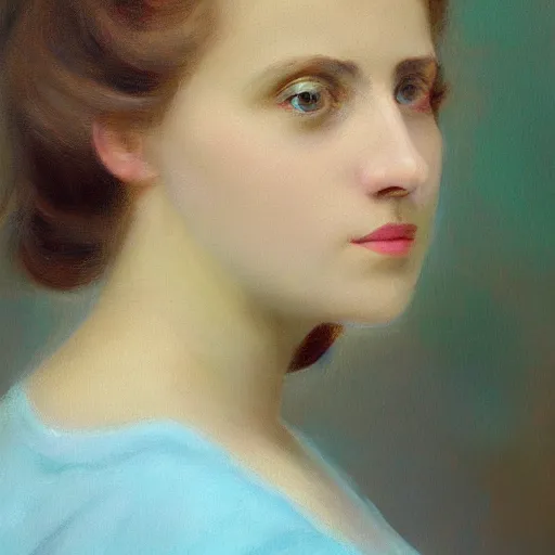 Prompt: portrait painting of a lady in a light blue dress 1 9 0 0 s entire face shown in great detail, garden, photorealistic, extreme detail, sharp focus, 8 k, intricate, hyper detailed, realistic, cinematic lighting