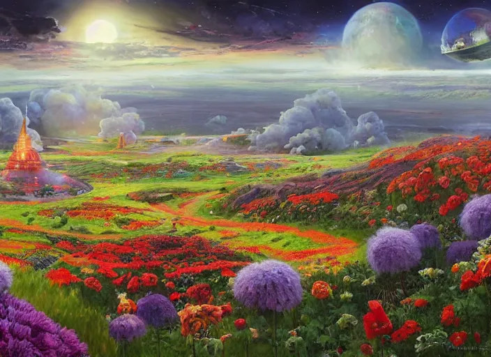 Image similar to what was once a bloody battlefield is now a flower field in the cosmic sky by vladimir volegov and alexander averin and peder mørk mønsted and adrian smith and raphael lacoste