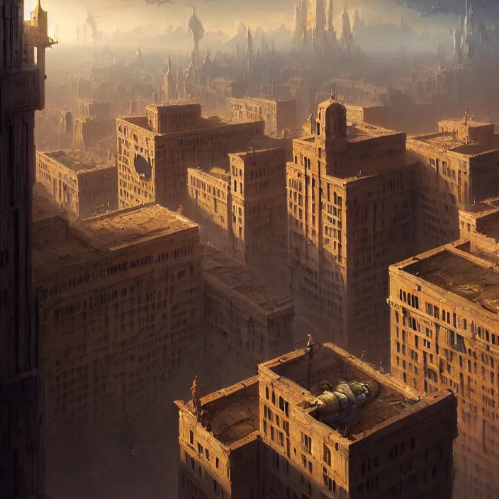 Image similar to matte painting by marc simonetti, jonathan solter, greg rutkowski of a small futuristic town, masterpiece, cinematic, hyperdetailed, photorealistic, hyperrealism, architecture, aerial view,