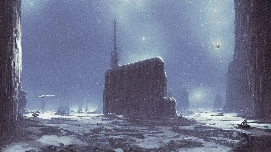 Image similar to emissary space by arthur haas and bruce pennington and john schoenherr, cinematic matte painting, photo realism, dark color palate, blue hour light snow