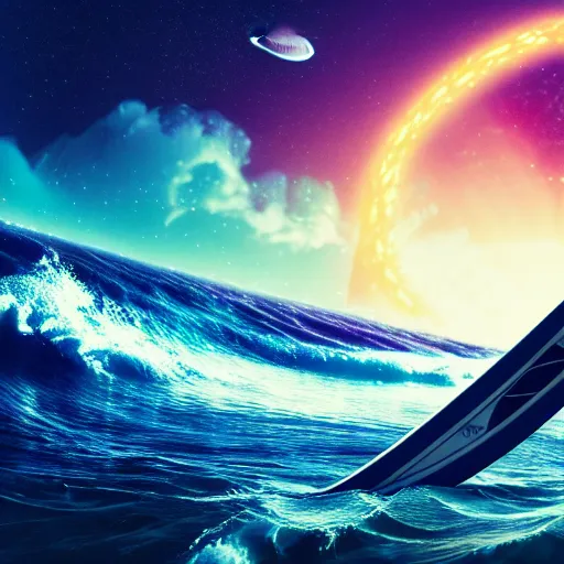 Image similar to photo of a alien surfing a surfboard on a crashing l wave of alien ocean in space, background is an alien galaxy, aliens in the background, alien colors, octane render, unreal engine, wide view, 8 k, high detaild