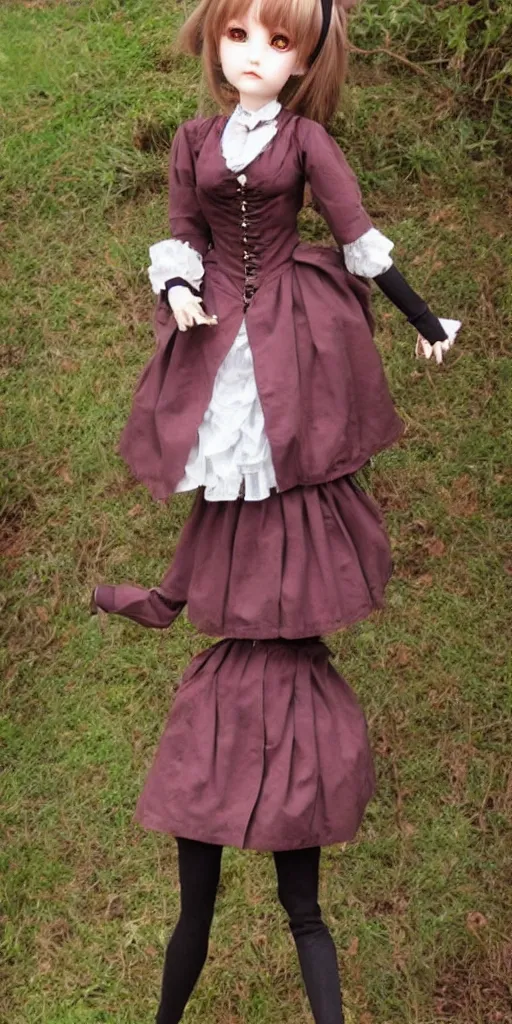 Image similar to Realistic anime doll girl in victorian suit, full lenght