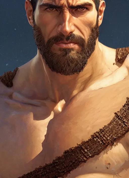 Prompt: portrait of a herculean man with brown hair, style of god of war, swarm of sand, intricate, elegant, highly detailed, digital painting, artstation, concept art, smooth, sharp focus, illustration, art by artgerm and greg rutkowski and alphonse mucha, 8 k