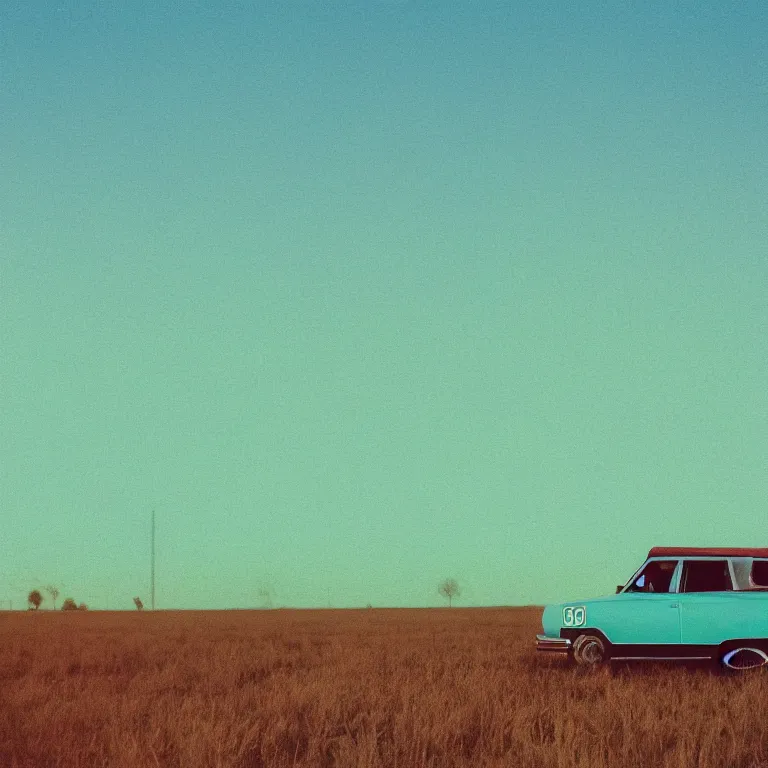 Image similar to 1 9 7 0 s car with exposed circuit boardy, silhouettes in field behind, film photo, soft lighting album cover, nostalgia, turquoise gradient
