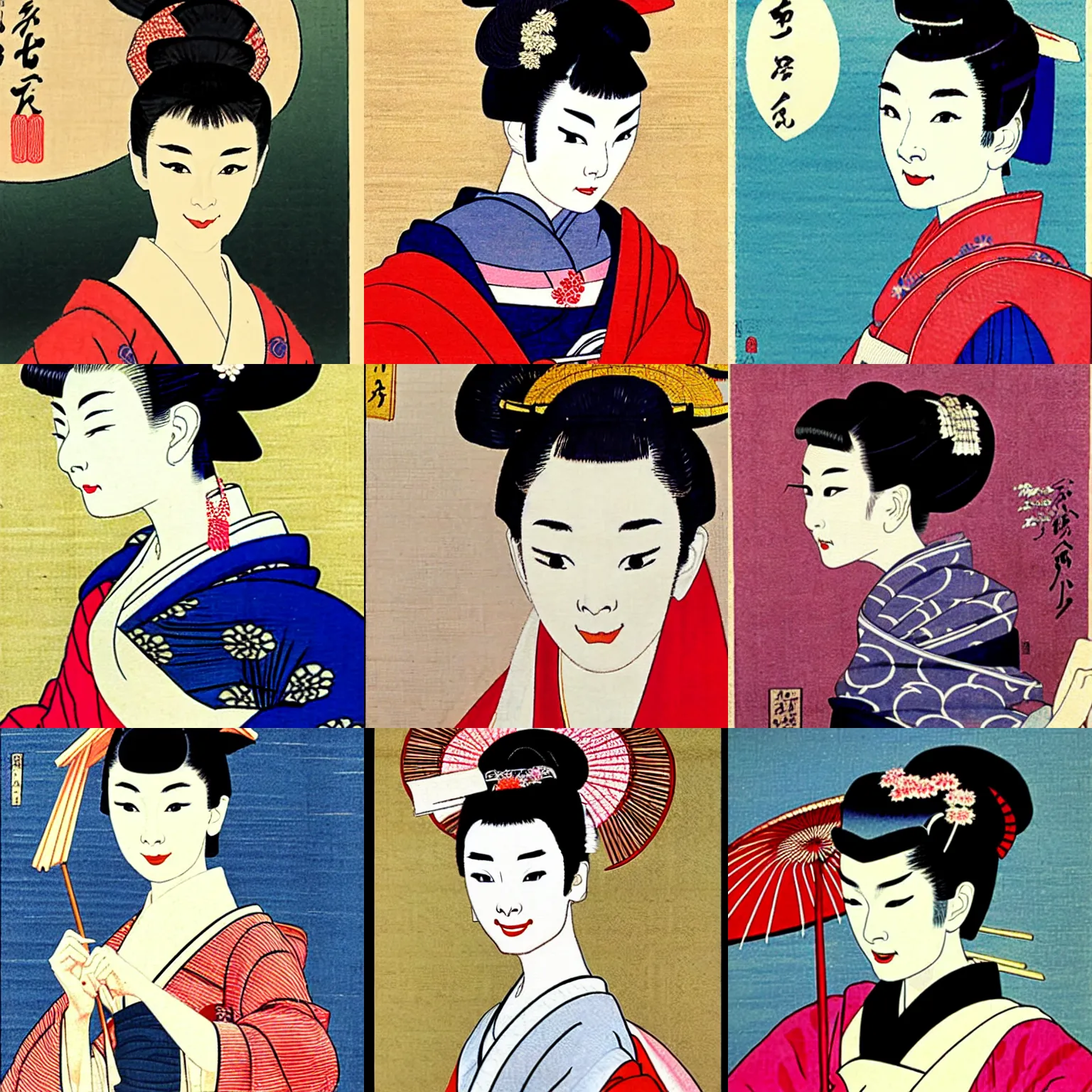 Prompt: audrey hepburn as maiko in ukiyo - e art painting by shimura tatsumi