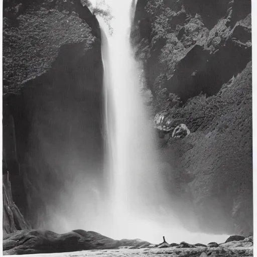 Prompt: a giant water fall in between two mountains with gigantic alien faces sculpted in each Montaigne, photoshoot, 1940's photography, old grain