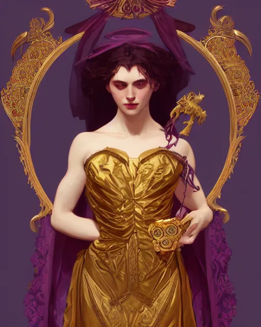 Prompt: greek vampire, ornate purple and gold byzantine dress, very detailed, beautiful, intricate, cinematic, artstation, william bouguereau, alphonse mucha, greg rutkowski, rossdraws, octane render