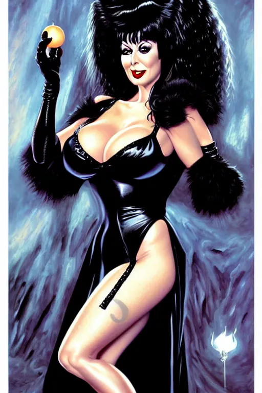 Prompt: a ( beautiful masterpiece highly detailed ) full body portrait illustration of intimate alluring elvira! mistress of the dark by ralph horsely and artgerm and joe jusko, raven black, pearlescent white