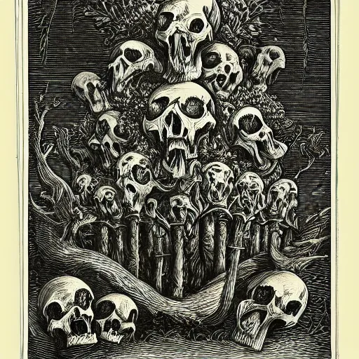 Image similar to evil flower, black and white engravement, full moon, gustave dore, weeping willows, skulls, ravens