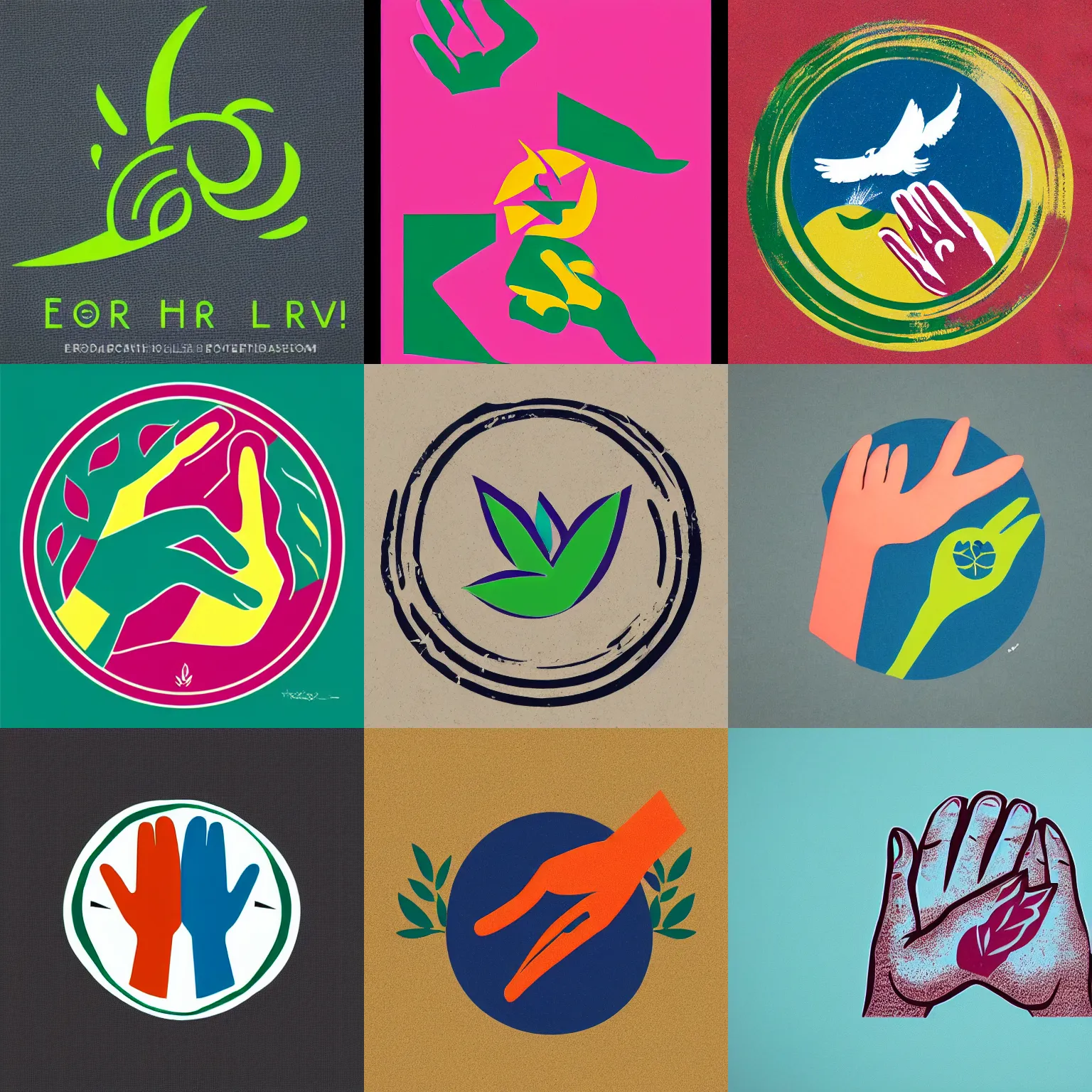 Prompt: logo design incorporating a hand, the earth, a dove, and a laurel. screen print. colourful.