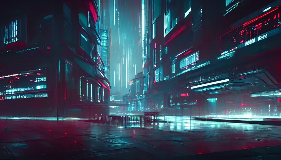 Prompt: concept art of a futuristic dark cyberpunk distopia with reflections, rendering in octane and redshift
