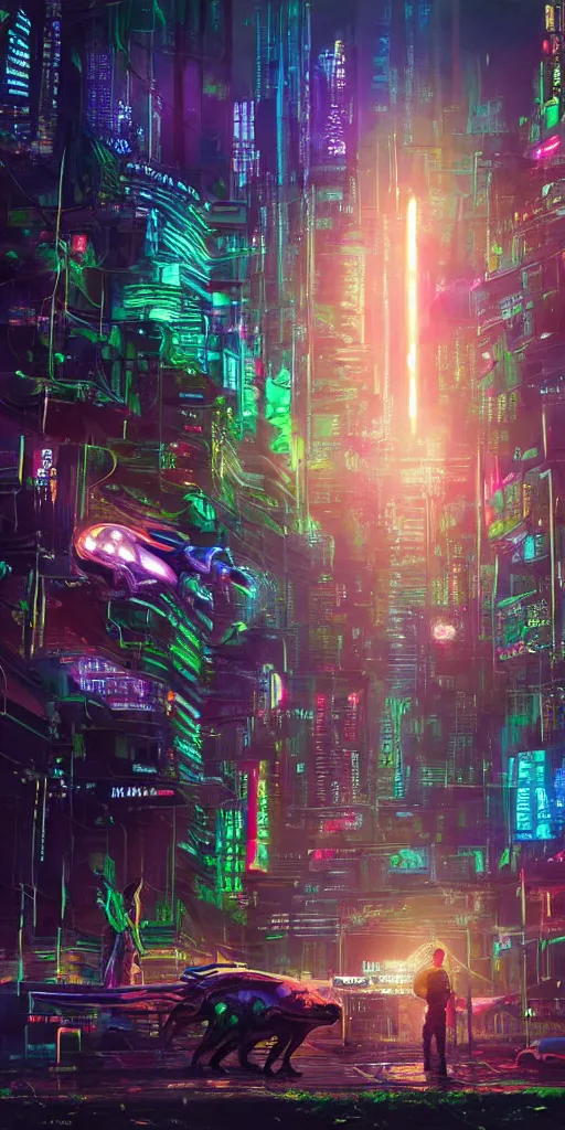 Prompt: a beautiful painting of a lush cyberpunk city with a single dinosaur grazing in the foreground by ridley scott, vivid colours, cinematic lighting, fine details, 8 k | | digital artwork made by greg rutswork, anna dittmann and lois van barlee, symmetrical neon rim light, anatomically correct