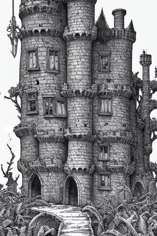 Image similar to a line drawing of an old castle in the woods by joe fenton, trending on artstation, realistic rendering