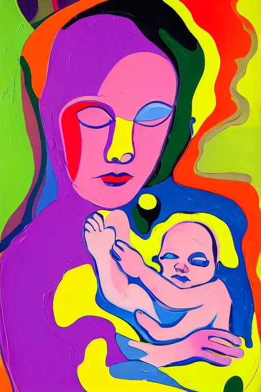 Prompt: a painting of a woman holding a baby, an ultrafine detailed painting by peter max and hernan bas and anna mond, featured on deviantart, metaphysical painting, biomorphic, fauvism, mixed media, photorealistic, dripping paint, palette knife texture, masterpiece