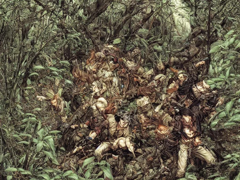 Image similar to gamekeepers hunt on crazy splinter in mystical forest. full body, by yoichi hatakenaka, masamune shirow, josan gonzales and dan mumford, ayami kojima, takato yamamoto, barclay shaw, karol bak, yukito kishiro
