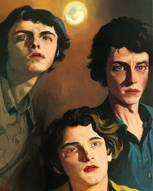 Prompt: two handsome but sinister young men wearing oxford shirts in layers of fear, with haunted eyes and wild hair, 1 9 7 0 s, seventies, wallpaper, a lot of blood, moonlight showing injuries, delicate embellishments, painterly, offset printing technique, by brom, robert henri, walter popp