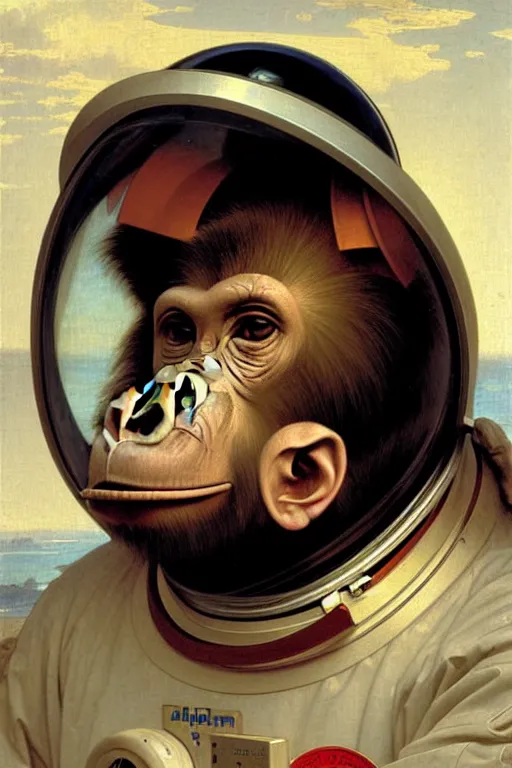 Prompt: portrait of one ape in astronaut helmet, by bouguereau