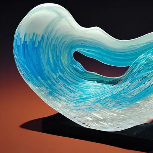 Prompt: a blown glass sculpture of a wave on a table in the style of The Great Wave off Kanagawa