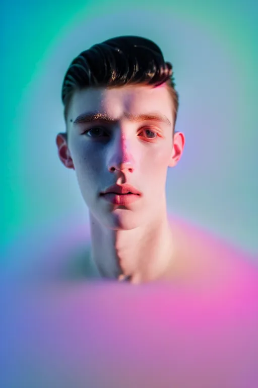 Image similar to high quality pastel coloured film mid angle portrait photograph of a beautiful young 2 0 year old male, soft features, short black hair, baggy oversized inflated clothing!!!!! icelandic black rock pool environment. atmospheric. three point light. photographic. art directed. ( pastel colours ). volumetric light. clearcoat. waves glitch. 8 k. filmic.