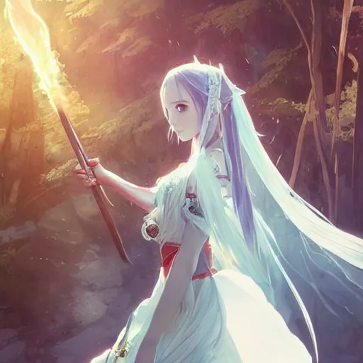 Image similar to yuuki asuna in her wedding dress, extremely long hair, epic fantasy art by Greg Rutkowski