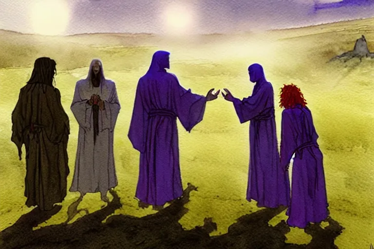 Image similar to a realistic and atmospheric watercolour fantasy character concept art portrait of a three christians wearing robes greeting an alien. they are emerging from the mist on the moors of ireland at night. a ufo is in the background. by rebecca guay, michael kaluta, charles vess and jean moebius giraud