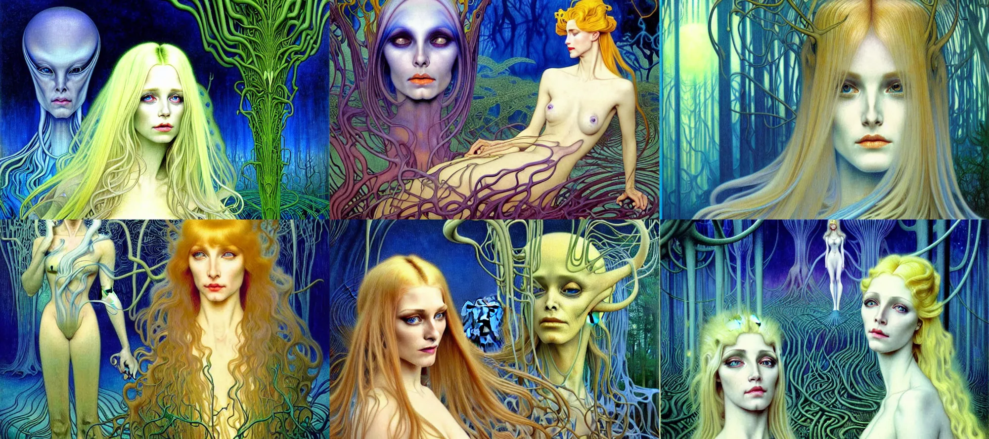 Image similar to realistic detailed portrait painting of a beautiful ghost woman with blond hair with an alien, futuristic sci-fi forest on background by Jean Delville, Amano, Yves Tanguy, Alphonse Mucha, Edward Robert Hughes, Roger Dean, rich moody colours, blue eyes