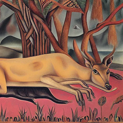 Prompt: a deer with the face of a woman lying on the ground, by frida kahlo