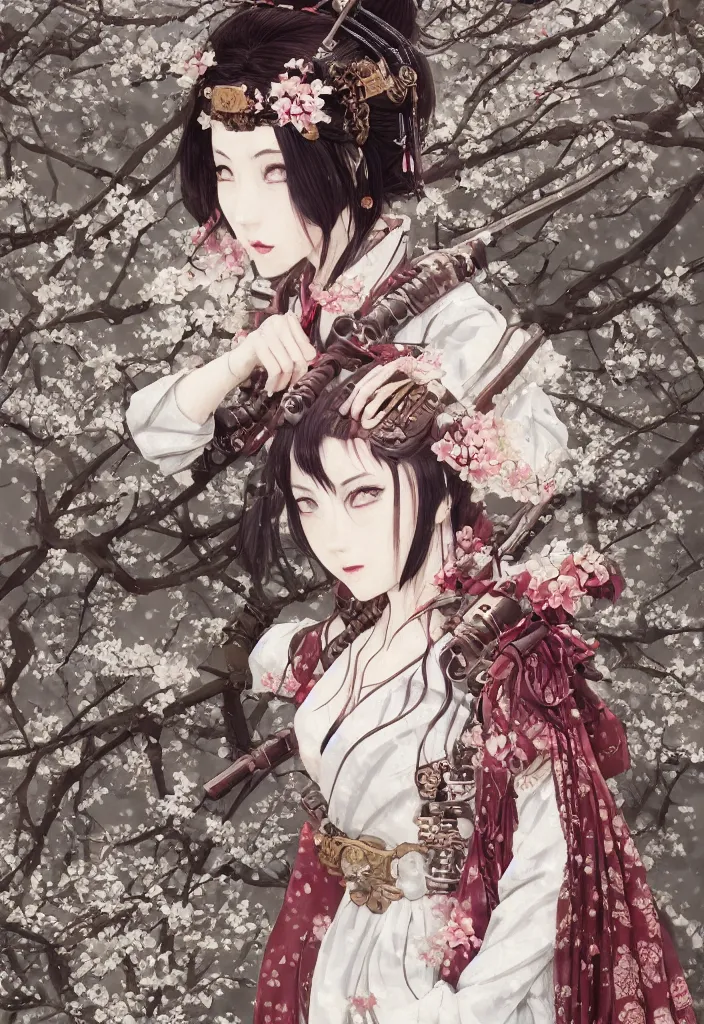 Prompt: detailed portrait of steampunk girl samurai with swords and steampunk rifles, in snow forest sakura cherry blossom, hakama kimono, trending on artstation elite, elegant, luxury, by krenz cushart, junji ito, takato yamamoto, perfect face, fine details, realistic shaded, fine - face, pretty face