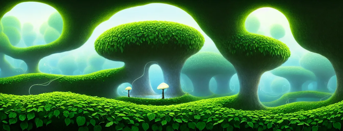 Image similar to gediminas pranckevicius beautiful and stunning professional digital artwork of a glowing mushroom cave haze spores floating in the air vines flow water volumetric lighting, hyperrealistic, rtx on, ultra detail, barlowe wayne, maxfield parrish and marco mazzoni, holes, infinite mirror, fragments | no signature!