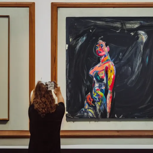 Image similar to wide - shot low - angle photo of woman taking selfie in the museum, painting by pollock on background, polaroid photo