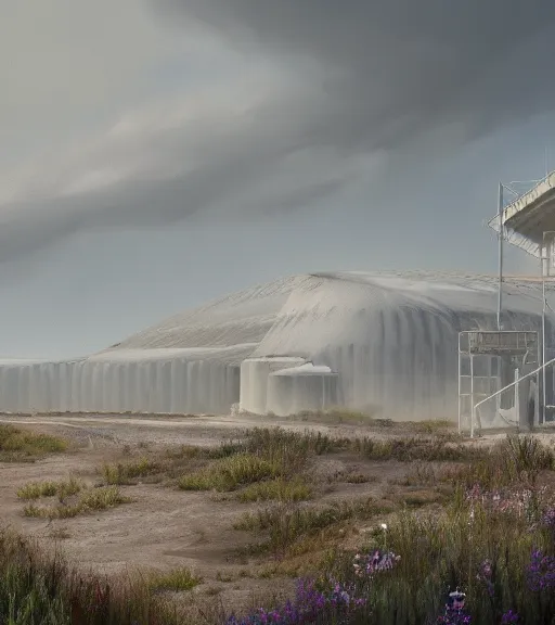 Image similar to a matte painting of a white biroremediation architecture in the mining tailings in the desert, prairie, cottage town, foggy, patchy flowers, oil painting, pale colors, high detail, 8 k, wide angle, trending on artstation, behance