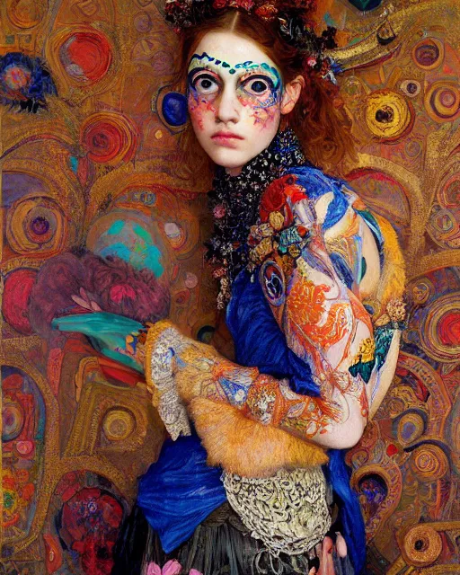 Image similar to a beautiful girl wearing colourful face paint surrounded by bright intricate patterns, by edgar maxence and caravaggio and michael whelan, intricate painting, hyper realistic, extremely detailed and beautiful aesthetic face, 8 k resolution