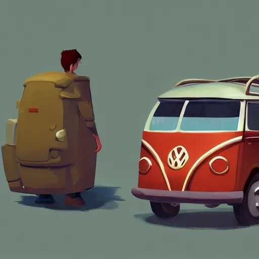 Image similar to goro fujita ilustration traveling in a volkswagen car with luggage, painting by goro fujita, sharp focus, highly detailed, artstation