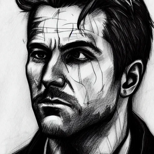 Image similar to John Constantine portrait profile, black and white sketch, cellshaded, drawn in fine-tip pen, made by WLOP, trending on artstation