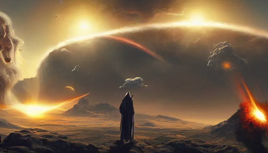 Prompt: a beautiful painting of gandalf watching a huge meteorite destroy an alien world with dual suns, ray traced lighting by jean kalin popov and greg rutkowski