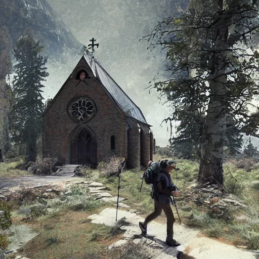 Image similar to hikers coming across a abandoned church in the style of craig mullins