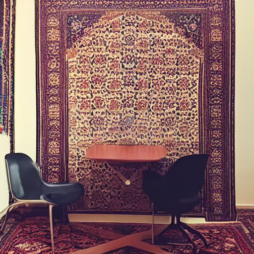 Image similar to a room with a chair, a table, a speaker and a persian carpet, unsplash, postminimalism, aesthetic, cluttered