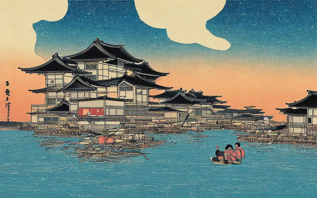 Prompt: 🌅 ⛵ ⛩ 🌌. shin - hanga