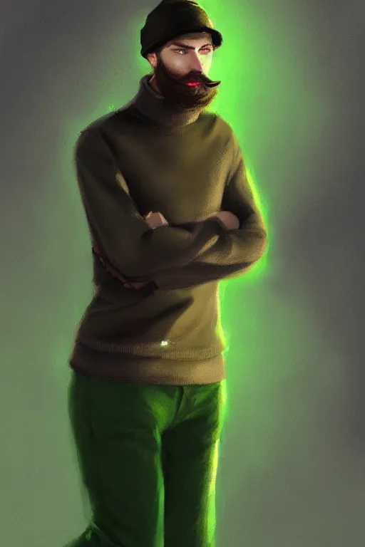 Prompt: a young man with a chin - style brown beard without mustache in black cap, light green turtleneck, purple pants and in a white sneakers, decorated, high fantasy, sharp focus, intricate, elegant, digital painting, artstation, matte, highly detailed, concept art, illustration, ambient lighting, art by bastien deharme