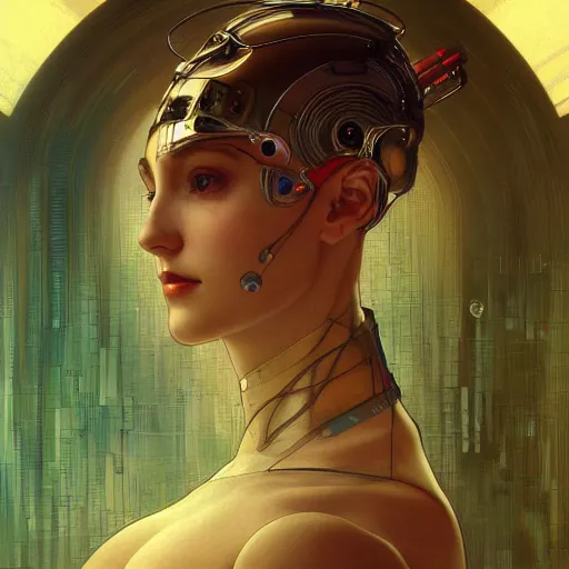 Image similar to portrait of a beautiful female android, coy, circuitry visible in head, in the style of ex machina, karol bak, alphonse mucha, greg rutkowski, award winning, hr giger, artstation